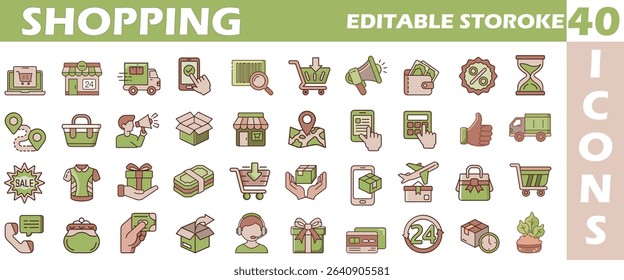 Shopping Pixel Art Icons Set Editable Stroke Style for E-Commerce and Online Retail
