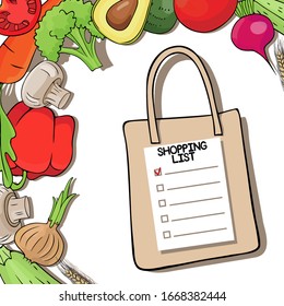 Concepto de planificación de compras. Para hacer lista. Lista de papel con lista de inscripciones-compras. las verduras se encuentran en el borde de la cebolla pimienta zanahorias champiñones broccoli eco bolsa vectorial ilustración 