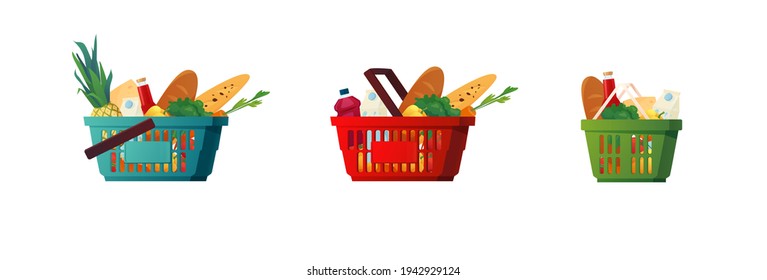 Shopping plastic basket set with groceries. Bread, pineapple, apple, pear, ketchup, milk, carrot, tomato. Cartoon vector illustration.