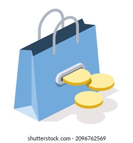 Shopping Pocket Coins. Vector 3d isometric, color web icons, new flat style. Creative illustration, design idea for infographics.