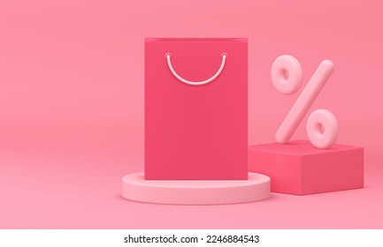 Shopping podium package sale discount percentage special offer pink 3d banner realistic vector illustration. Shop store market supermarket price off black friday promo display advertising stage