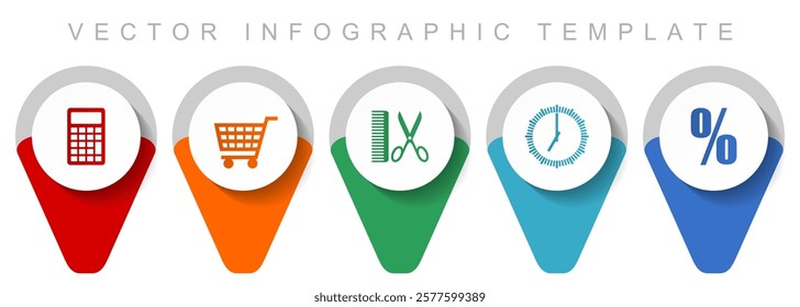 Shopping pointer collection, miscellaneous icons such as calculator, cart, barber, clock and percent, flat design vector infographic template in eps 10