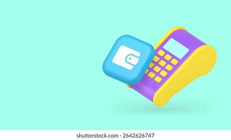 Shopping POS terminal machine wallet payment financial transaction copy space banner. Mobile paying electronic device shop store supermarket checkout commercial purchase