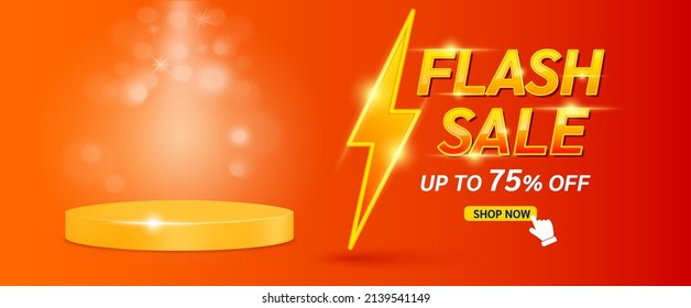 Shopping poster flash sale banner with yellow thunder sign Special Offer Sale 75% Off campaign or promotion. Template design for social media with blank product podium scene. On red background vector 