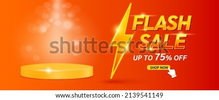 Shopping poster flash sale banner with yellow thunder sign Special Offer Sale 75% Off campaign or promotion. Template design for social media with blank product podium scene. On red background vector  商業照片 © 