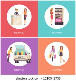 Shopping posters beauty stand with cosmetics and products for makeup set vector. Jewelry store, lady wearing precious diamond ring, car with bags