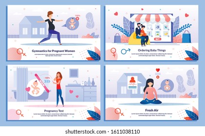 Shopping in Pregnancy, Gymnastics for Pregnant Woman, Happy Maternity Trendy Flat Vector Banner, Poster Set. Lady Doing Exercise Outdoor, Meditating, Shopping Online, Doing Pregnancy Test Illustration
