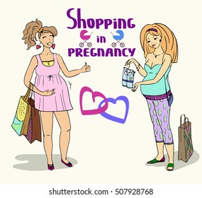 Shopping in pregnancy.Two pregnant women with shopping bags