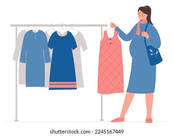 Shopping. Pregnant woman chooses dress for herself