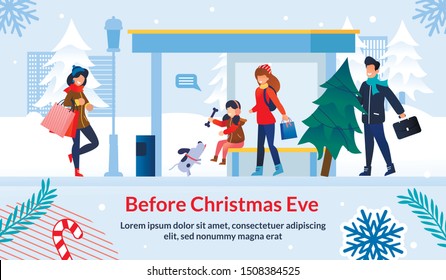 Shopping and Preparation Before Christmas Eve Poster. Happy People Characters Buying Gifts and Presents for Relatives, Xmas Fir Tree for Decoration. Little Girl Walk with Dog. Vector Illustration