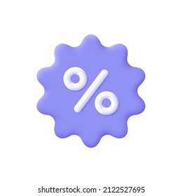 Shopping price tag, discount coupon with percent symbol. Online shopping, discount offer, sales, promotion.  3d vector icon. Cartoon minimal style.