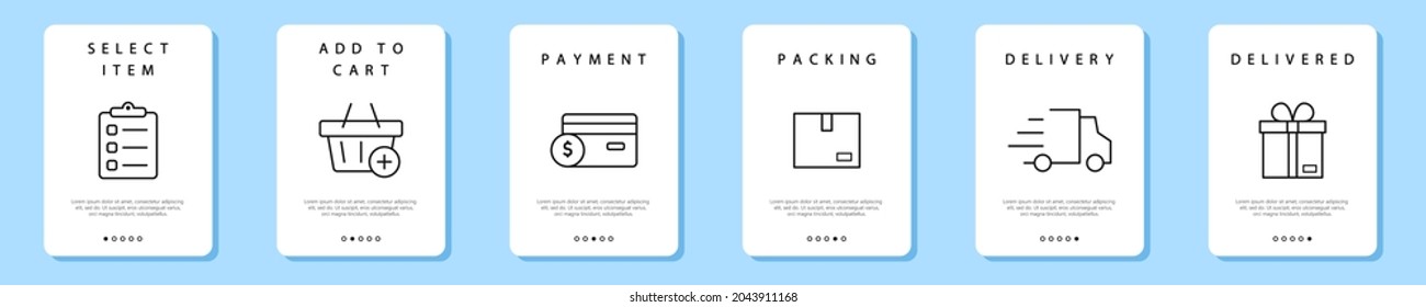 Shopping process. 6 steps of shopping. Chronology of receiving goods in online stores. Vector illustration
