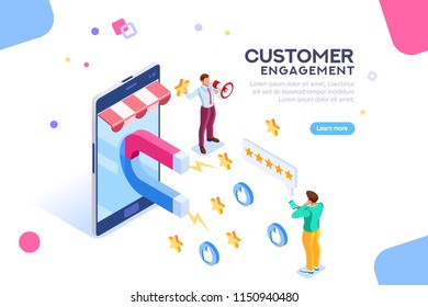 Shopping process of customer. Infographic of Seo on a smartphone. Purchase on website campaign a message to engagement for a like or a star. Review of search content. Isometric flat vector