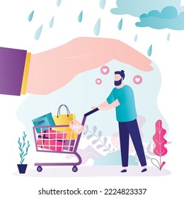 Shopping process under protection. Big hand covering customer, consumer rights protection, client push trolley with packages and goods. World consumer right day, concept. flat vector illustration