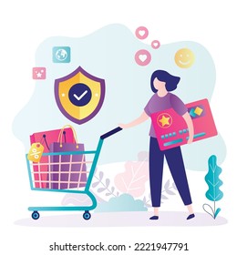 Shopping process under protection. Consumer rights protection, woman client push trolley with packages and goods. World consumer right day, concept. Secure credit card payments. vector illustration