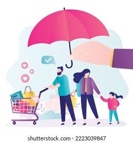 Shopping process under protection. Customer rights protection, family after shopping push trolley with packages and goods. World consumer right day, concept. Lawyer hand holds umbrella. Flat vector