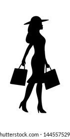 Shopping process. Woman holding two handbags. People walking silhouette. Side view. Vector black flat icon isolated on white background.