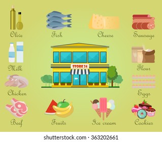 Shopping product supermarket  store center building with flat decorative icons.