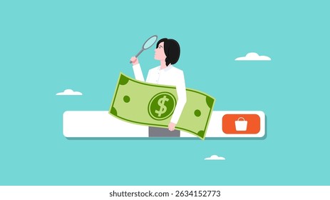 Einkaufen für Produktionsbedürfnisse, Mittelzuweisung für Geschäftsbedürfnisse, Finanzmanagement für Unternehmen, Frau mit Lupe beim Tragen von Banknoten Konzeptvektor