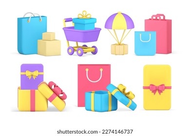 Shopping promo special offer gift box present supermarket commercial strategy set 3d icon realistic vector illustration. Store shop purchase sale discount holiday clearance order goods delivery