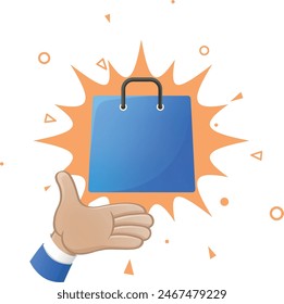 shopping and promotion concept, male hand pointing or highlighting blue shopping bag with star speech bubble background