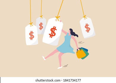 Shopping promotion, consumerism, happiness of buying stuffs, clothes or fashion for lady concept, happy young cute lady wearing beautiful stylist dresses holding shopping bags hung on sale price tag.
