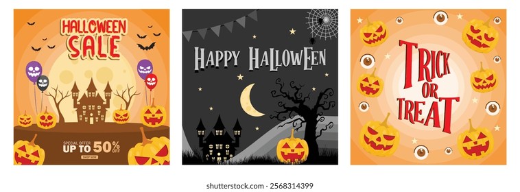 Shopping promotion at Halloween party. Halloween pumpkin with old house and tree. A fun Halloween celebration with treats or tricks. Halloween Party Concept. Set flat vector illustration.