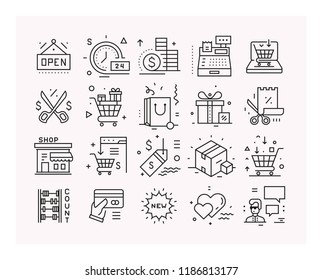 Shopping, promotions and discounts, online marketing. Set of vector linear icons.