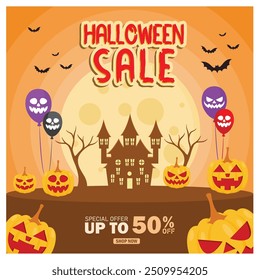 Promoções de compras em festas de Halloween. Balões fantasmas e abóboras de Halloween em um fundo luar. Conceito de festa de Halloween. Ilustração de vetor plano.