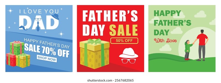 Shopping promotions on Father's Day celebrations. 50% discount on glasses and hats. Father walking with his son. Father's Day concept. Set flat vector illustration.