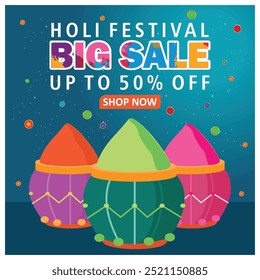 Shopping-Aktionen auf Holi Festival. Bunte Gulal für Holi-Feier. Holi-Hai-Konzept. Flache Vektorgrafik.