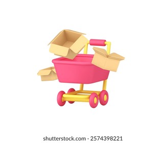 Shopping purchase buying goods trolley and cardboard box 3d icon realistic vector illustration. Supermarket cart with parcel package retail commercial market shop store online order delivery