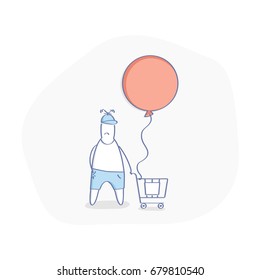 Shopping purchase concept, E-commerce flat design illustration of online shopping. Cute cartoon man - customer with shopping cart and air balloon. Isolated vector.