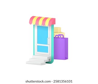 Shopping purchase delivery shop store order shipping 3d icon realistic vector illustration. Goods merchandise order buying retail commercial business courier supermarket market service