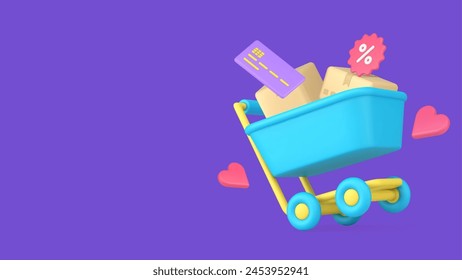 Shopping purchase sale discount goods buying special offer 3d icon realistic vector illustration. Black friday store shop supermarket trolley with cardboard box package commercial retail business