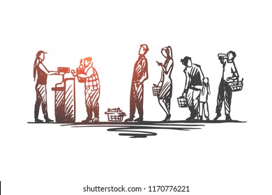 Shopping, purchases, queue, waiting, cash desk concept. Hand drawn people in the store stand in line at the cash register concept sketch. Isolated vector illustration.