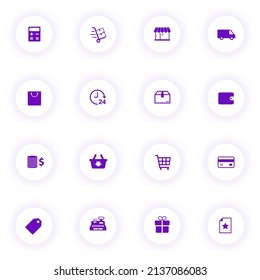 shopping purple color vector icons on light round buttons with purple shadow. shopping icon set for web, mobile apps, ui design and print