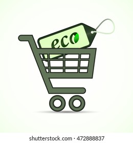 Shopping pushcart sign with eco label. Supermarket cart. Eco concept. Vector isolated object. 