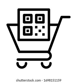 Shopping with QR code. Trolley with digital code tag. Line vector. Isolate on white background.