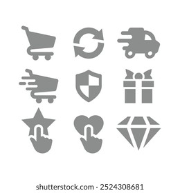 Shopping quality purchase, online store vector icon set. Fast delivery, return and money back icons.