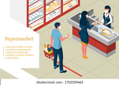 Shopping at the quarantine period. People in medical masks at a distance.The buyer pays for purchases. A man holds a basket full of products. The cashier serves consumers. Vector illustration.
