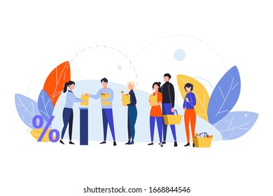 Shopping, queque, checkout, purchasing, sale concept. People customers queue at cash register in food store. Cashiers checkout. Shops sales, discounts for goods. Men, women with purchases in handbags.