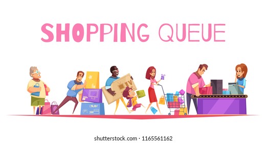 Shopping queue background composition with text and supermarket checkout images human characters of customers with goods vector illustration