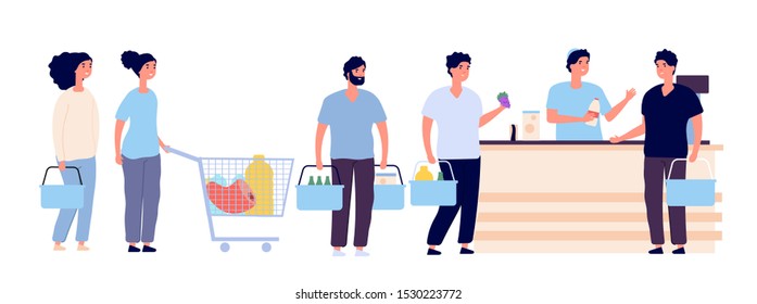 Shopping Queue. People With Shopping Card Waiting In Line Buy Product In Grocery Store At Counter. Shopper Crowd Cartoon Vector Set