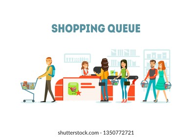 Shopping Queue, People Purchasing In Supermarket, Queue Of Different People In Grocery Store Vector Illustration