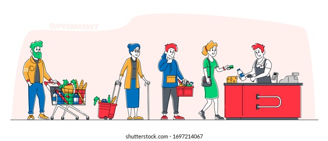 Shopping Queue in Supermarket. Customer Characters with Goods in Trolley, Basket and Cart Stand at Cashier Desk Paying for Purchases Credit Cards. Sale, Consumerism. Linear People Vector Illustration