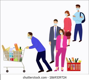 A shopping queue in a supermarket.  In a time of coronavirus epidemic the customers wear safety masks.