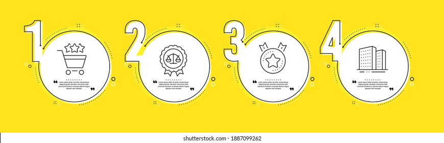 Shopping rating, Ranking star and Justice scales line icons set. Timeline process infograph. Buildings sign. Supermarket stars, Winner medal, Judgement medal. Town apartments. Business set. Vector