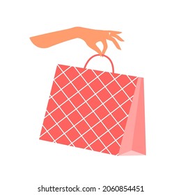 Shopping red bag on a white background. Female hand holds package. Shopping, sale and discount concept. Vector isolated flat illustration