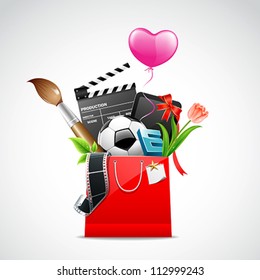 Shopping red bag with, soccer ball, Tulips, brush, film roll in bag for sale, vector illustration